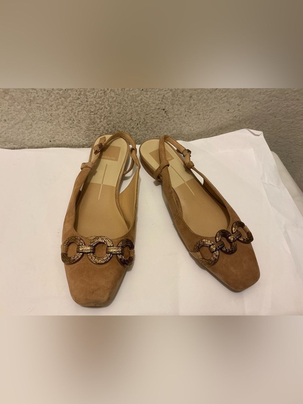 Dolce Vita Tan Suede Slingback Flats with Decorative Chain